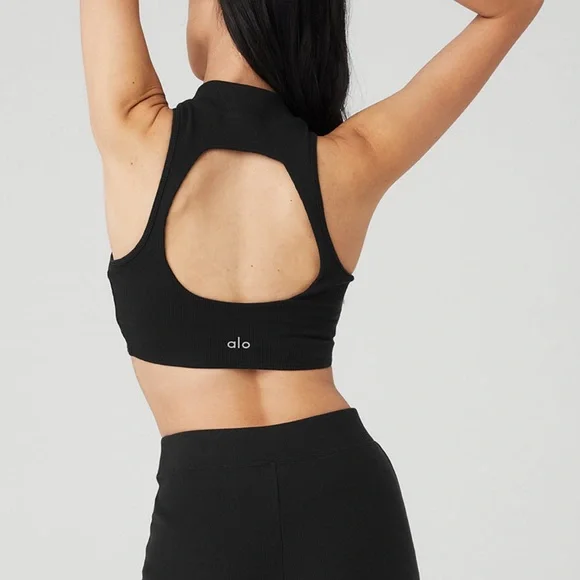 Alo Yoga - Goddess Mock Neck Rib Tank in Black - Picture 1 of 2